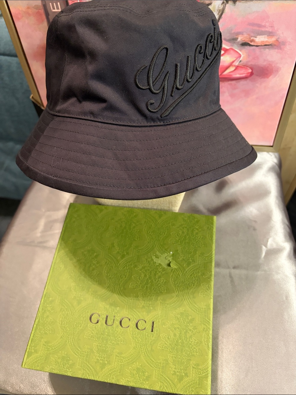 Gucci Black Embroidered Script Bucket Hat